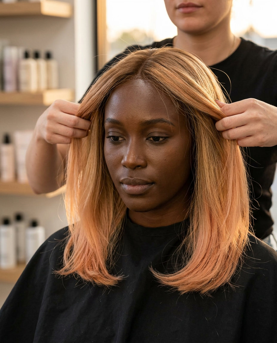 long layered ombre hair color with peach, golden blonde, light brown, sun-kissed effect — playful summer look