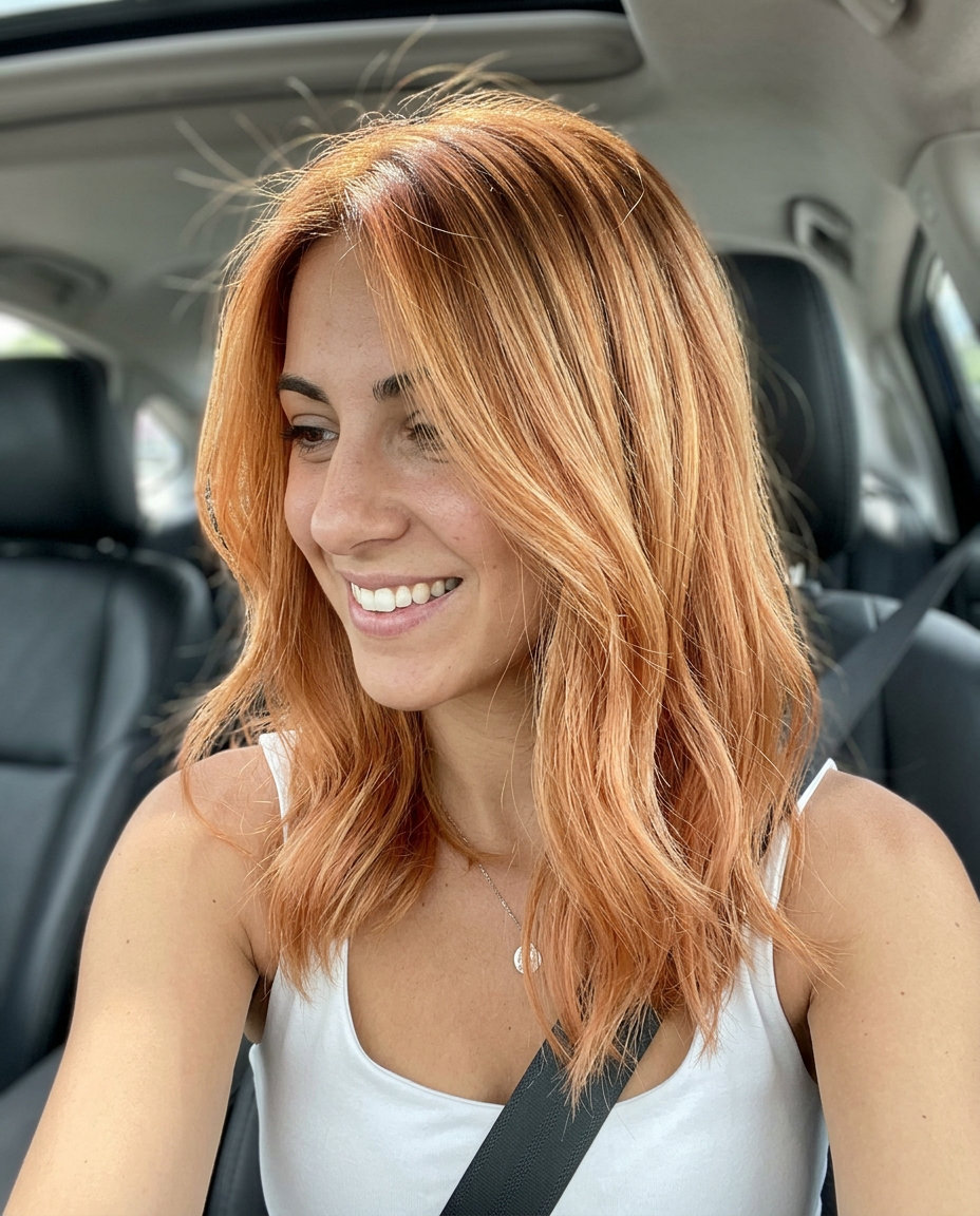 Warm Peach Strawberry Balayage 2026 long layered strawberry blonde balayage with warm peach and copper, sunkissed blend — beach day