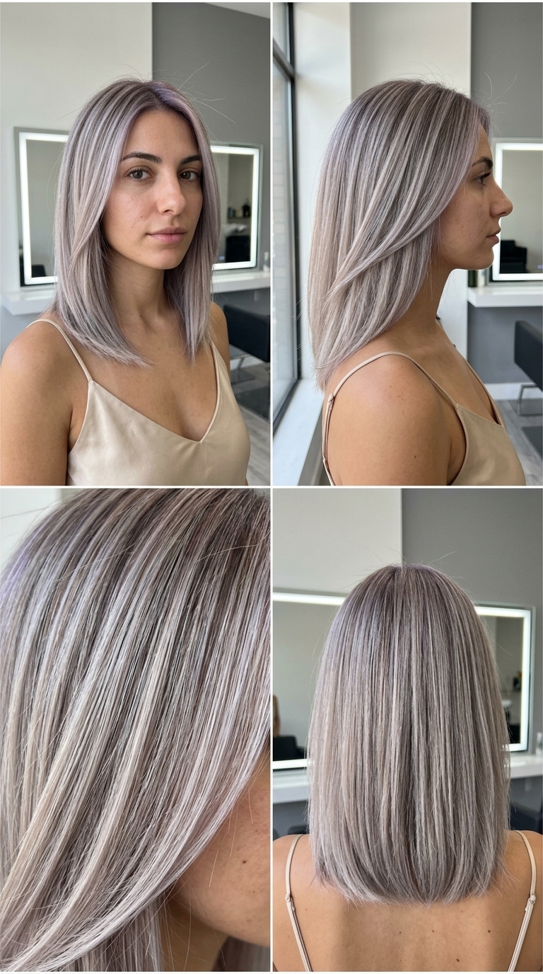 long platinum ash babylights with subtle violet undertones, fine weave highlights, no fringe — refined
