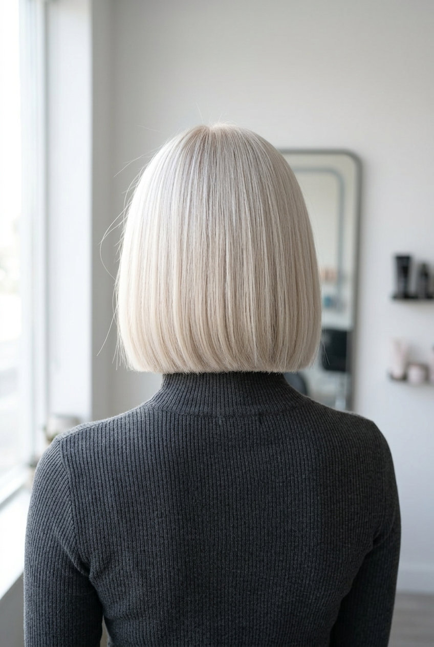 chin-length blunt bob haircut in platinum blonde with pearl undertones, sleek glass hair for 2026