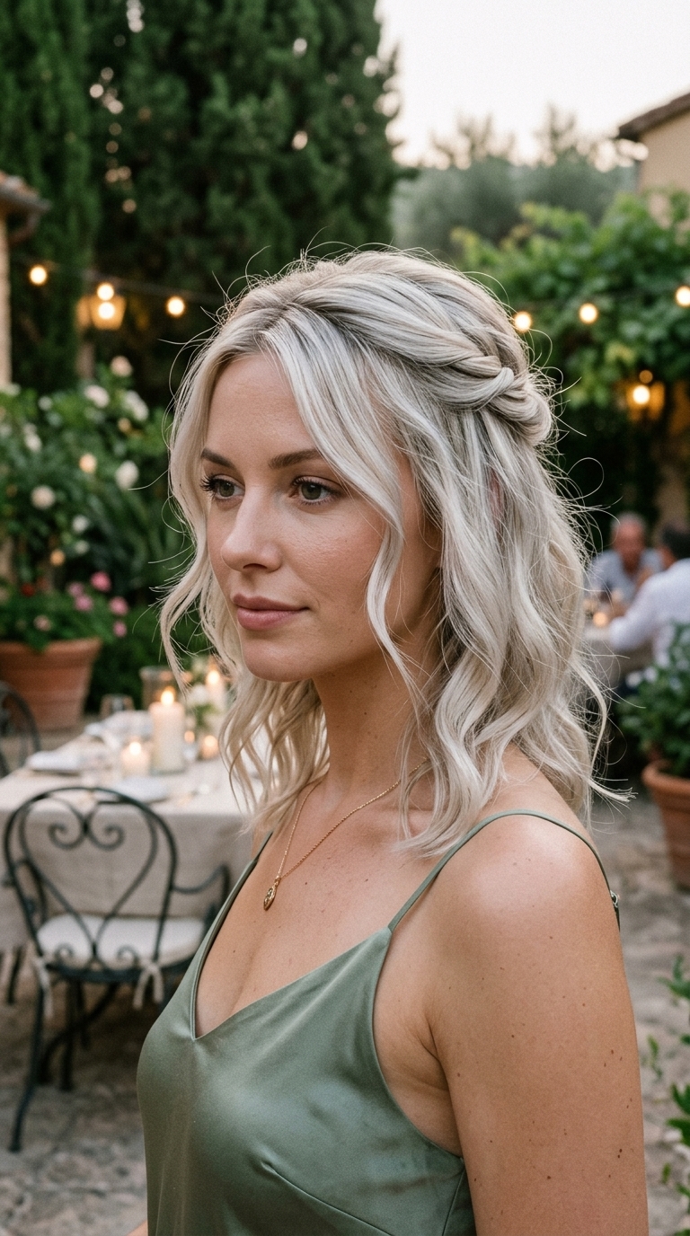 Romantic Platinum Blonde Half Up 2026 long platinum blonde half up half down with soft twists and face-framing tendrils for date night