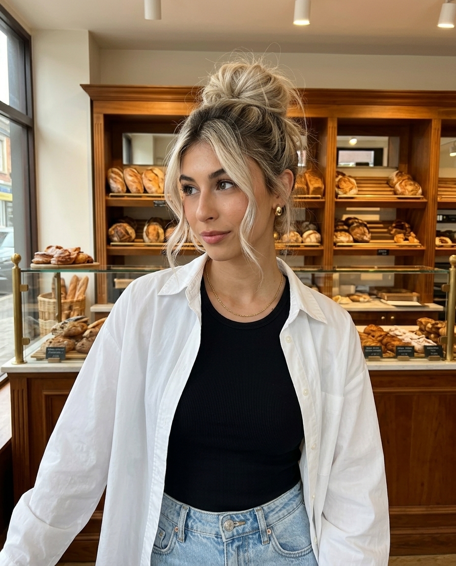 long platinum blonde messy bun with dark vanilla root shadow and piecey ends for summer