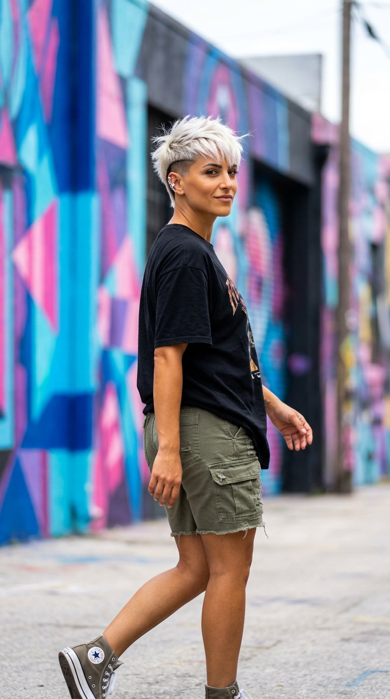 very short crop haircut in icy platinum blonde with undercut and choppy fringe for summer