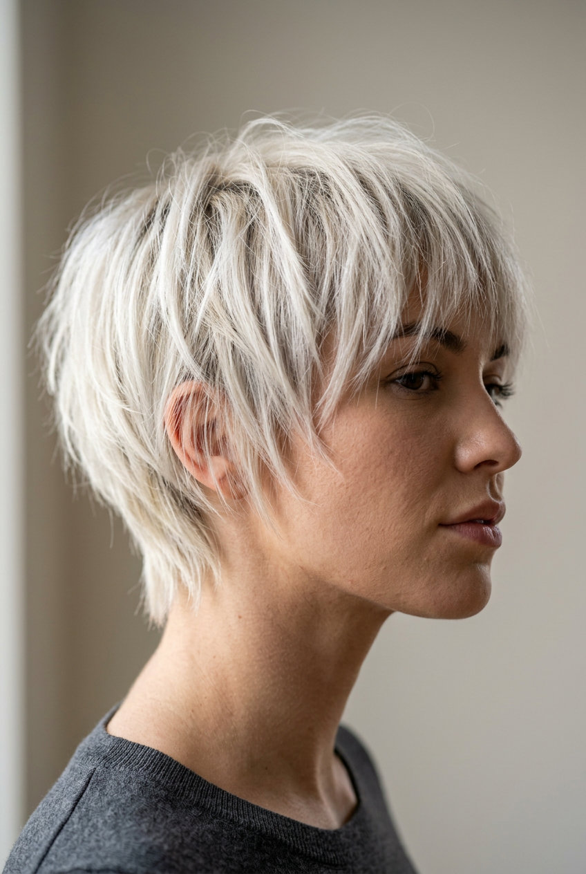 very short shag haircut with platinum blonde, violet toner, choppy micro-fringe — edgy rebellious