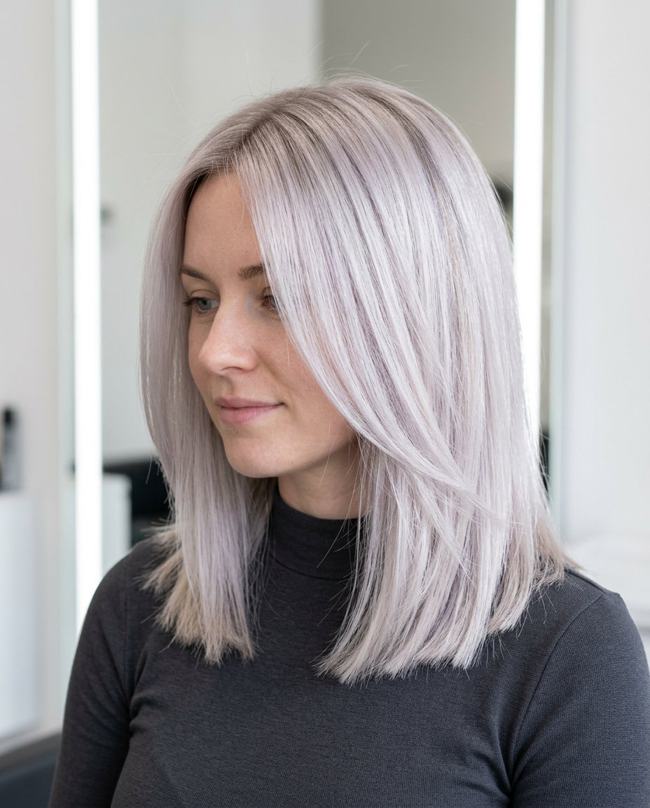 collarbone-length platinum blonde lob with silver-violet undertones, diffused root, no fringe — dreamy sophisticated