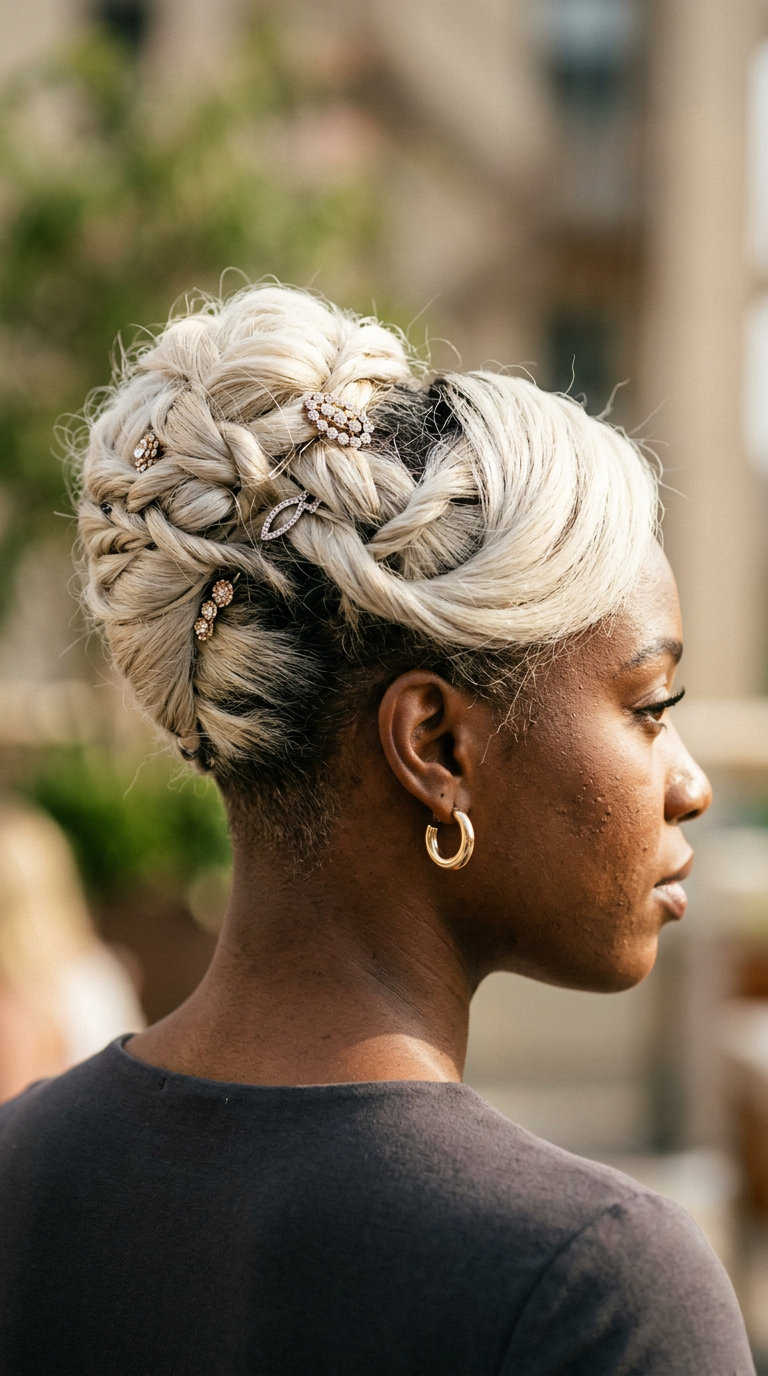 Glamorous Twisted Updo 2026 long straightened hair with rooted platinum blonde, twisted updo and statement pins for summer