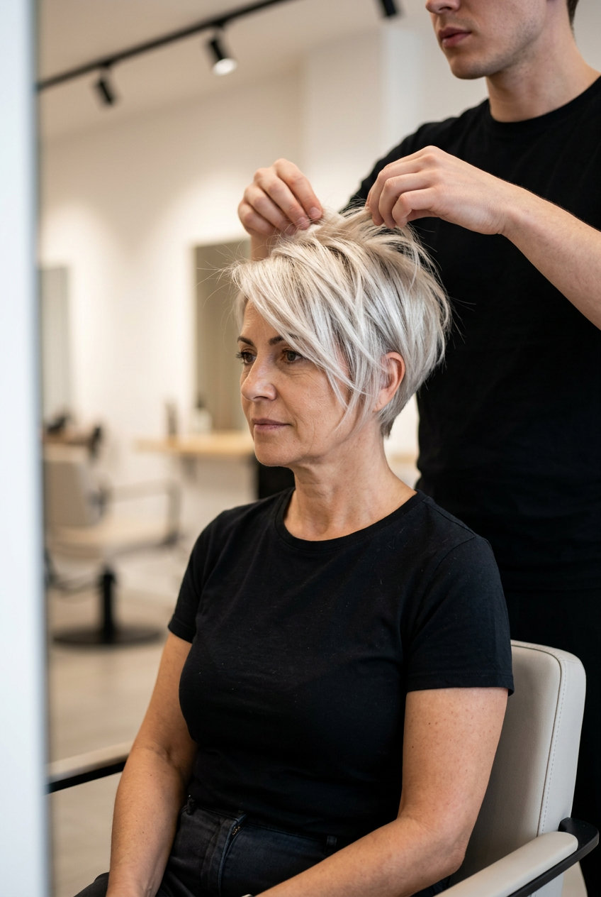 short platinum blonde bixie haircut with textured layers and piecey fringe for edgy summer
