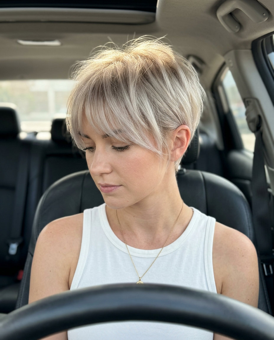 short platinum cloud blonde pixie with razored texture and feathery fringe for art events