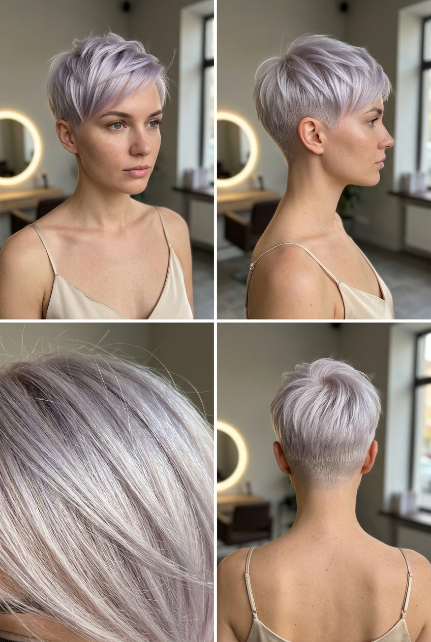 short icy platinum pixie with violet-silver, textured cut — edgy summer