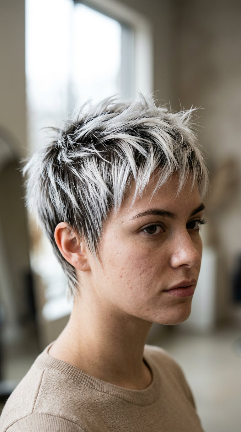 very short pixie haircut in icy platinum blonde with white tips, disconnected layers, faded sides — edgy bold