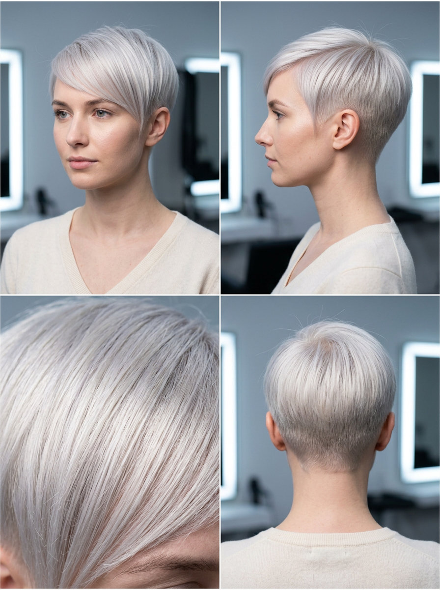 very short precision pixie haircut in icy platinum blonde with silver-ash, scissor-over-comb taper, crisp side-swept fringe — edgy sophistication