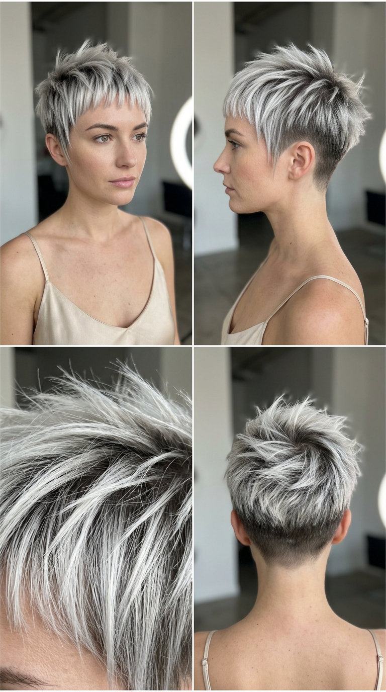 very short razored pixie haircut with cool platinum blonde, icy silver and charcoal root for edgy rebellion