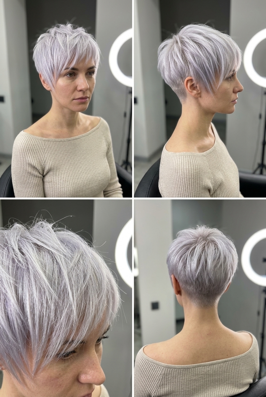 very short pixie haircut in icy platinum blonde, razored texture — bold, edgy, confident
