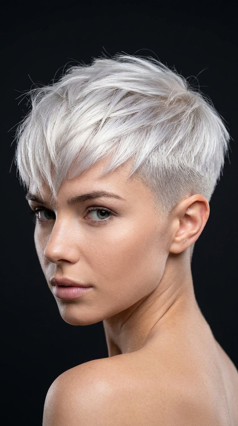 very short platinum blonde pixie with undercut, choppy fringe — bold edgy