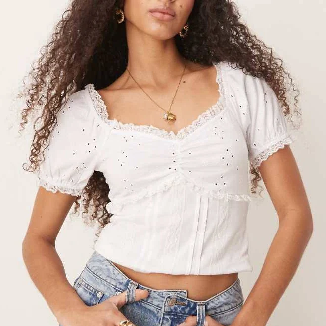 top ASOS Puff Sleeve Eyelet Milkmaid Top with Lace Trim ASOS $8.67