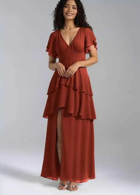 dress AW.Bridal A-line V-Neck Floor Length Short Sleeves Ruffles Split Tiered Long Bridesmaid Dresses Dress AW Bridal $89.99