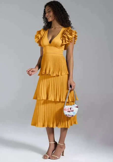 dress AW.Bridal A-Line V-Neck Tea Length Sleeveless Satin Pleat Ruffles AW Bridal $94.49