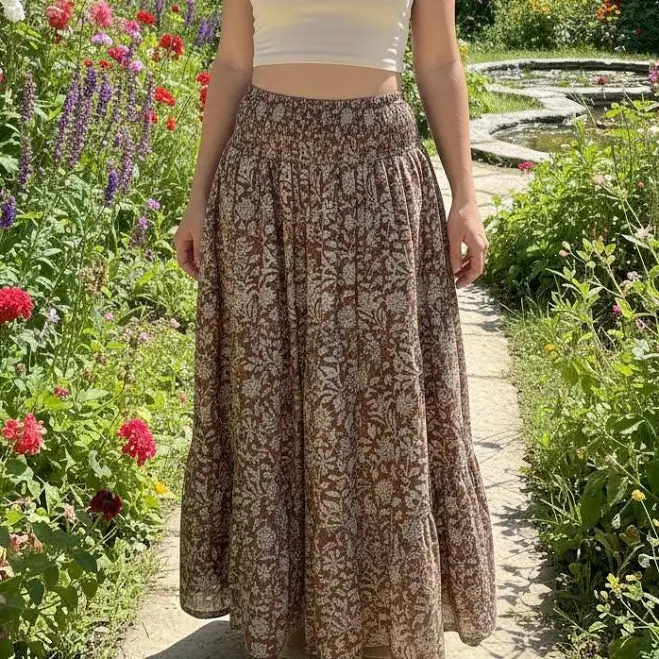 skirt Boho Floral Hand Block Printed Cotton Maxi Skirt with Smocked Waist Etsy - NahataFashionShop $45