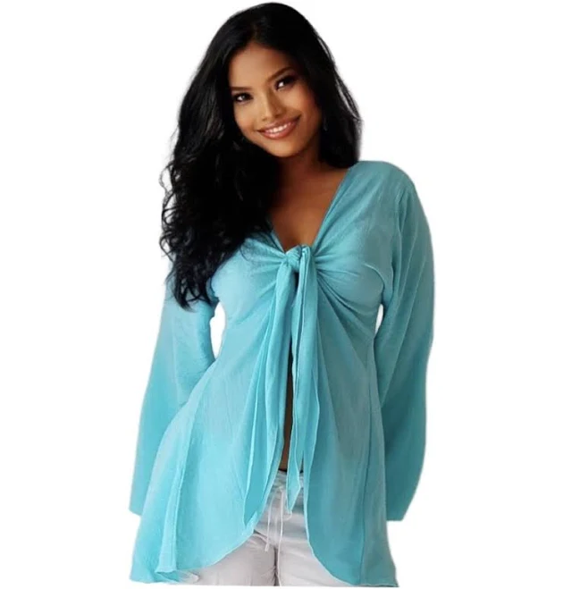 top Boho Sexy Tie Front Chiffon Blouse with Long Bell Sleeves Lotustraders CLothing $32.99