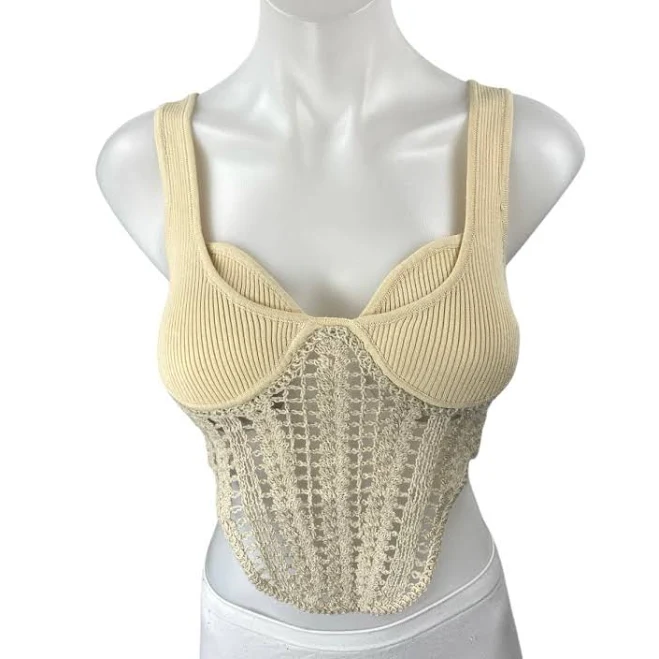 top Brie Sleeveless Crochet Rib Knit Cami Corset Bustier Crop Top Brie $23.79