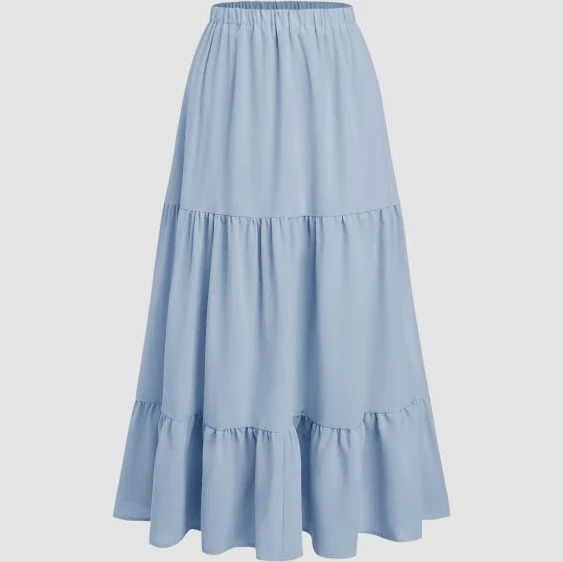 skirt CIDER Women's Tiered Maxi Skirt Elastic Waist Woven Opaque Ruffle Hem Slit Breezy Summer Cider $11.16