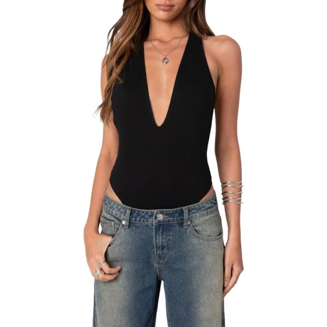 top EDIKTED Plunge Neck Halter Bodysuit in Black at Nordstrom, Size Medium Nordstrom $38.4