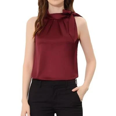top Elegant Satin Sleeveless Tie Knot Mock Neck Blouse Target $27.99