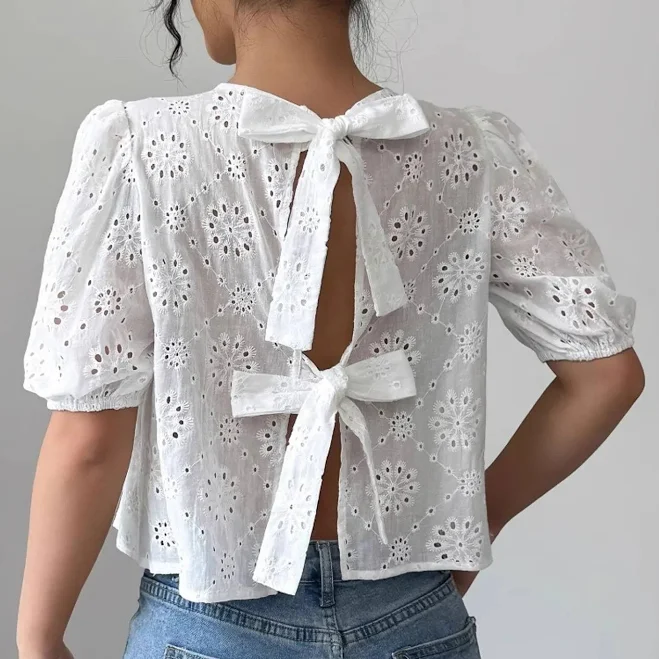 top Eyelet Embroidered Puff Sleeve Tie-Back Blouse rubysrubbish.com $31