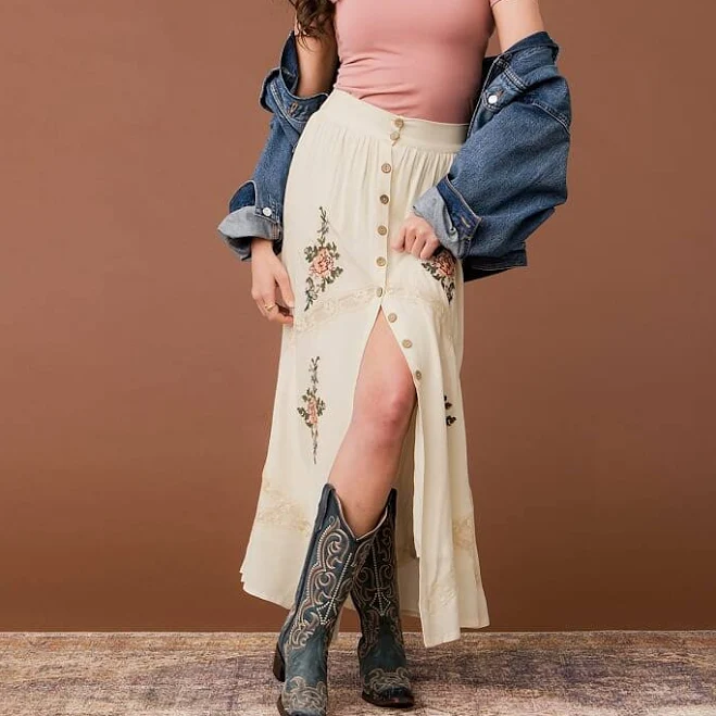 skirt Gimmicks Women's Floral Embroidered Cotton Maxi Skirt with Buckle Buckle $74.99
