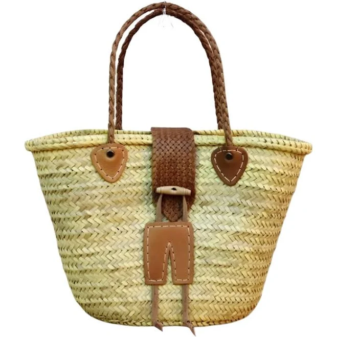 bag Handwoven Straw Tote with Leather Braided Handles and Wooden Toggle Marrakeche Crafts $89