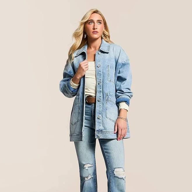 denim jacket Hidden Women's Oversized Trucker Denim Jacket Buckle $79.99