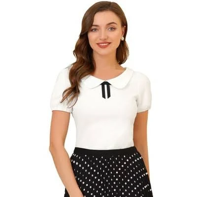 top Inspire Chic Women's Bow Neck Solid Short Sleeve Peter Pan Collar Blouse Casual Summer Top Target $29.99