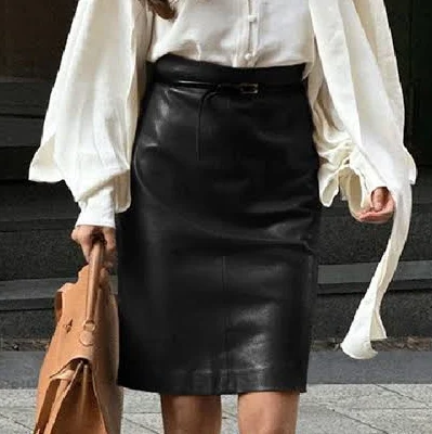skirt Lambskin Leather High-Waisted Midi Pencil Skirt Fibflx $177