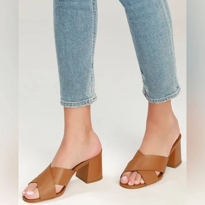 shoes Lulus Shoes | Lulus Tan Leather Cross Strap Block Heel Mules Slides Sandals Women Size 9 | Color: Brown/Tan | Size: 9 | Erastation's Closet Poshmark $35