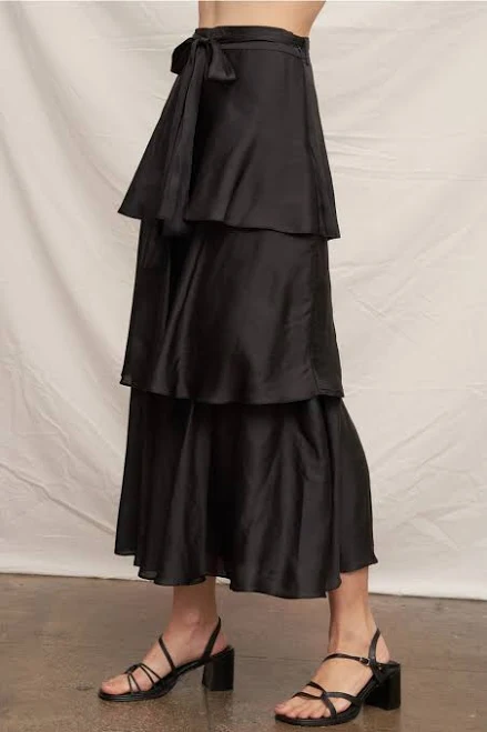 skirt Midnight Soirée Black Satin Tiered Midi Skirt Latch Boutique $58