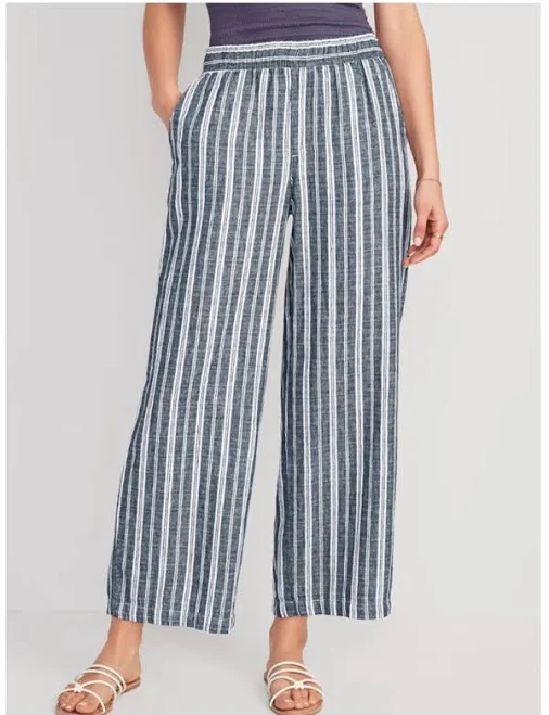 palazzo pants Old Navy Pants & Jumpsuits | Nwt Old Navy Navy And White Vertical-Stripe Wide Leg Linen-Blend Pull On Pants | Color: Blue/White | Size: M | Poshmark $30