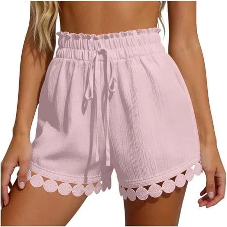 shorts Olyvenn Women's Scalloped Lace Trim Drawstring Shorts Walmart - TrendyDressLand $13.13