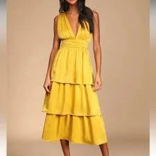 dress Peak Party Vibe Mustard Yellow Satin Tiered Tie-Back Midi Dress Poshmark $50