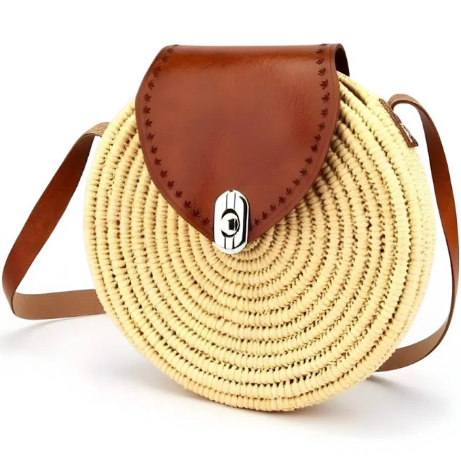 bag Straw Purse with Leather Flap Marrakeche Crafts $73