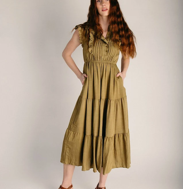 dress The Jennifer Tiered Midi Dress in Olive Khaki Medium Piper & Scoot $60
