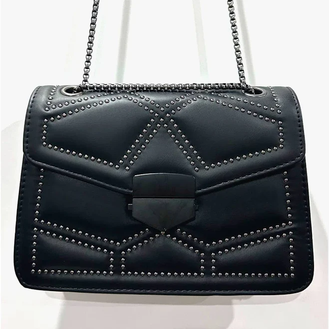 bag Vegan Leather Black Studded Silver Gunmetal Chain Crossbody Shoulder eBay $24