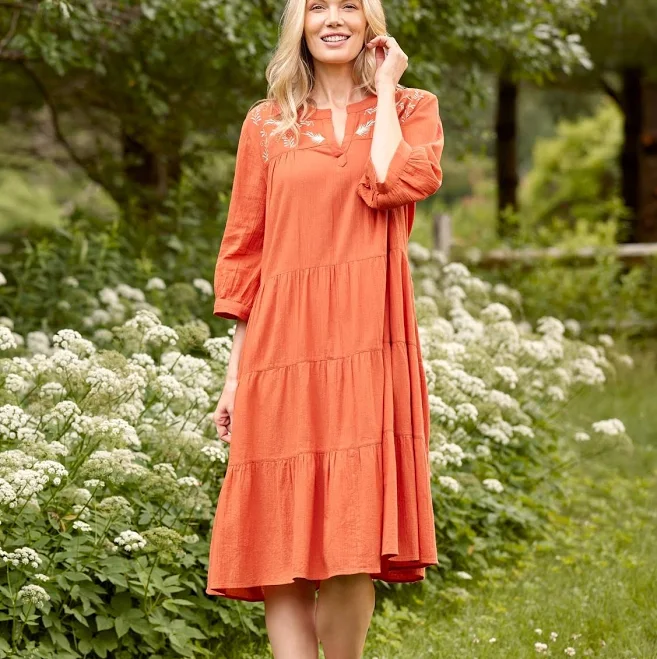dress Vermont Country Store Women's Embroidered Leaves Tiered Crinkle Cotton Dress The Vermont Country Store $75.95