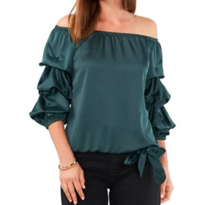 top Vince Camuto Tops Vince Camuto Emerald Green Off-The-Shoulder Blouse W/ Ruffle Sleeves Poshmark $45