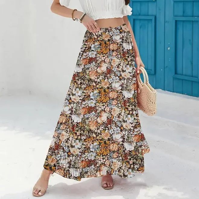 skirt Women's Boho Floral Chiffon Maxi Skirt TikTok Shop $17.91