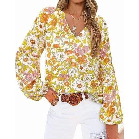 top Women's Casual Boho Floral Puff Long Sleeve V Neck Lightweight Chiffon Blouse Walmart - FreshPretty $14.99