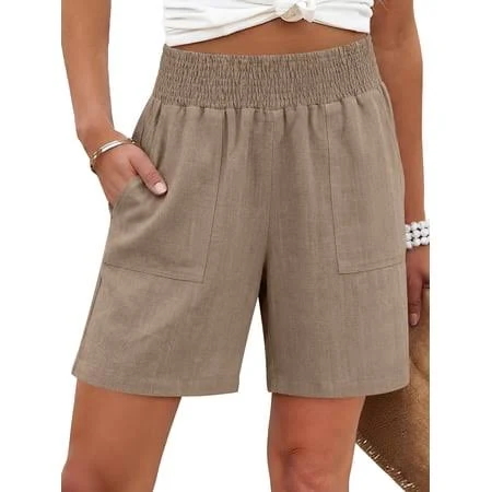 shorts Women's Casual High-Waisted Wide-Leg Linen Shorts with Pockets Walmart - ANRABESS FASHION $34.99