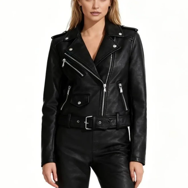 jacket Women's Faux Leather Moto Jacket in Black | Classic Belted Biker Jacket with Silver Hardware | Vegan Leather Asymmetrical Outerwear | Kouvr Fashion Kouvr Fashion $79