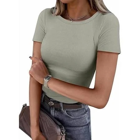 top Women's Ribbed Knit Slim Fitted Crewneck Short Sleeve Shirt Walmart - ANRABESS FASHION $17.69