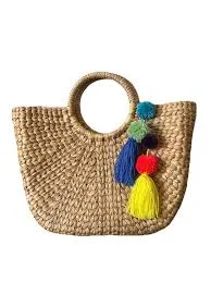 bag Woven Seagrass Tote Bag Natural Straw Beach Bag Colorful Pom Tassels eBay $60