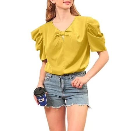 top Yopmin Puff Sleeve Blouse V Neck Short Sleeve Bow Tie Front Tops Cute Spring Blouses for Daily Wear, Women's, Size: Large, Yellow Walmart - Xuem $20.79